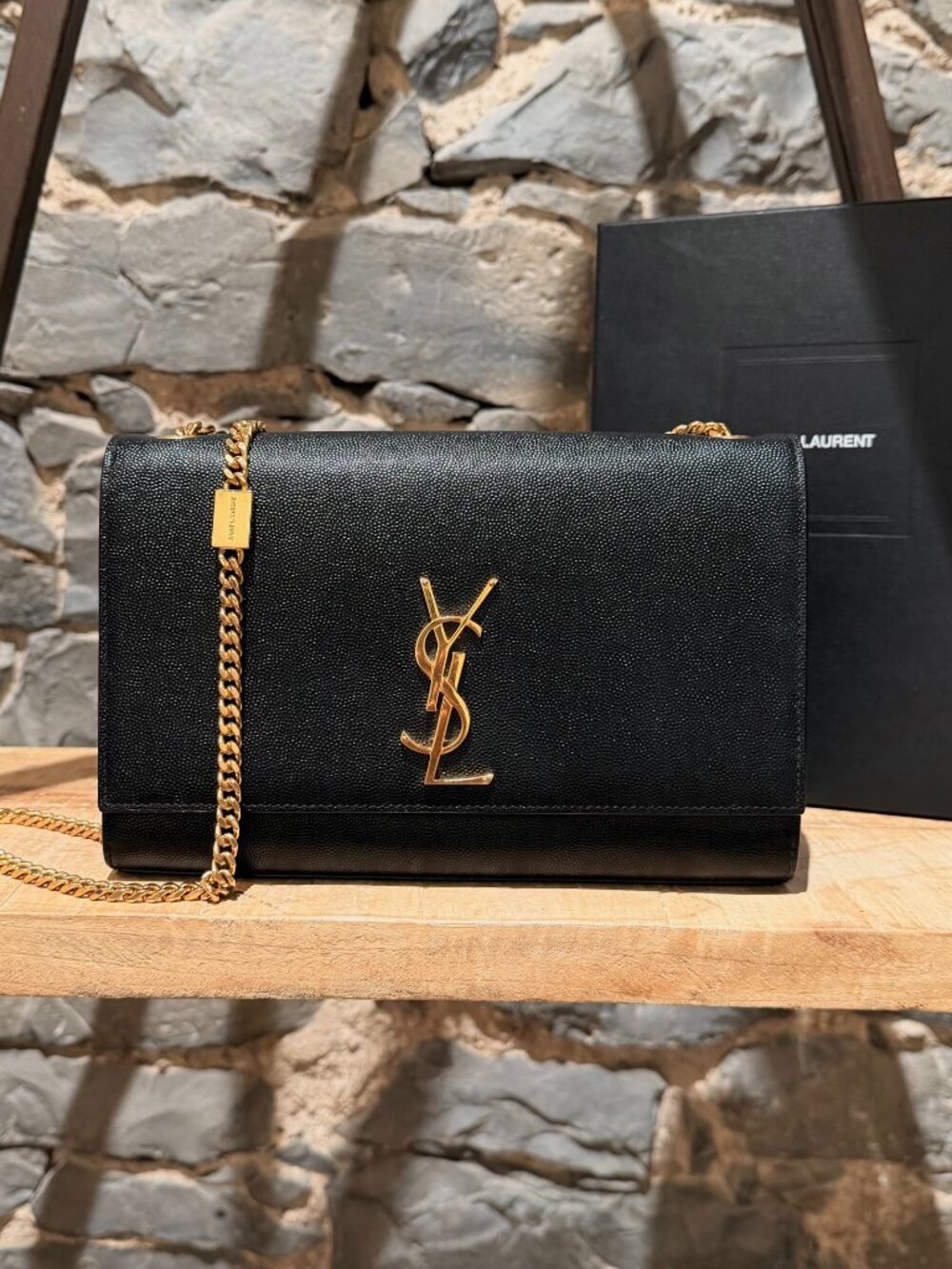 Saint Laurent Black Grain De Poudre Medium Kate Monogramme GHW Chain Bag
